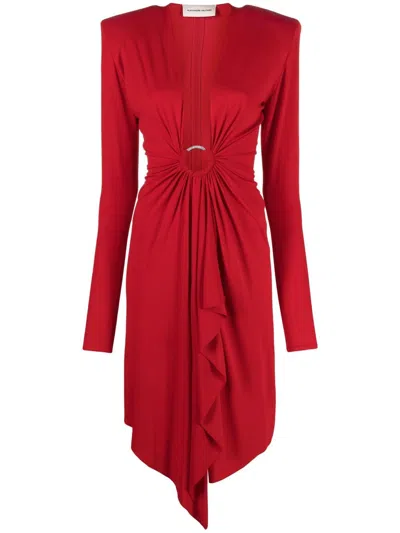 Alexandre Vauthier Draped Jersey Long V Neck Dress W/ Ring In Rosso