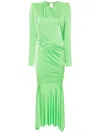 Alexandre Vauthier Long Pleated Maxi Dress With Asymmetric Hem In Green