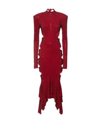Alexandre Vauthier Embellished Hollow Mid-length Dress In Burgundy