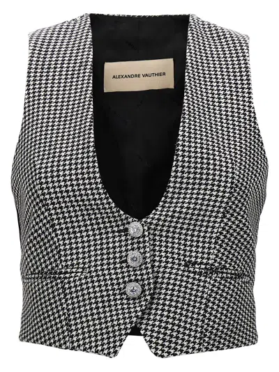 Alexandre Vauthier Houndstooth Wool Blend Vest In Black