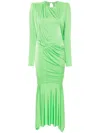 Alexandre Vauthier Long Pleated Maxi Dress With Asymmetric Hem In Green