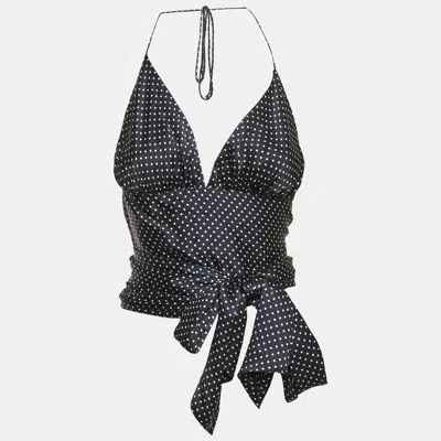 Pre-owned Alexandre Vauthier Navy Blue Polka Dots Satin Wrap Crop Top S