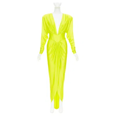 Pre-owned Alexandre Vauthier Neon Yellow Viscose Power Shoulder Plunge Drape Dress