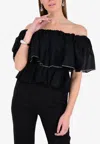 Alexandre Vauthier Off-shoulder Ruffled Top With Crystal Embellishments In Black