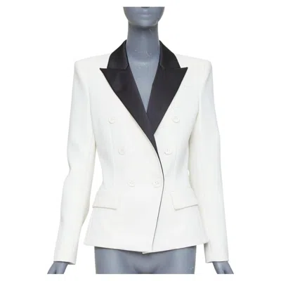 Pre-owned Alexandre Vauthier Off White Black Satin Lapel Double Breasted Tuxedo Jacket