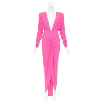 Pre-owned Alexandre Vauthier Pink Viscose Power Shoulder Plunge Drape Dress Fe36