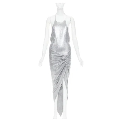 Pre-owned Alexandre Vauthier Platinum Metallic Coated Jersey Halter Backless Dress Fr38 M In Gray