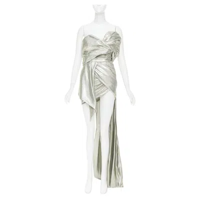 Pre-owned Alexandre Vauthier Rare  Couture Aw2019 Runway Turquoise Lame Drape Shoulder Gown In Gray