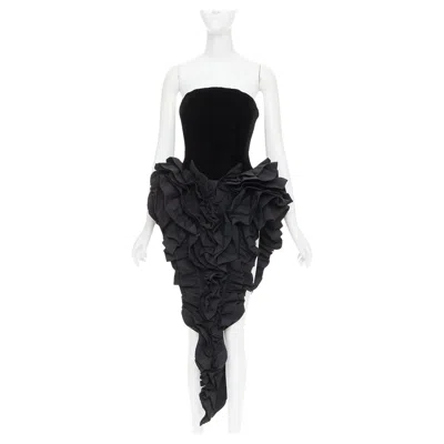 Pre-owned Alexandre Vauthier Rare  Couture Black Velvet Taffeta Ruffle Slit Bodysuit Dress