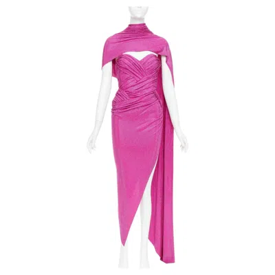 Pre-owned Alexandre Vauthier Rare  Couture Micro Crystal Neck Sash Drape Asymmetric Gown In Pink