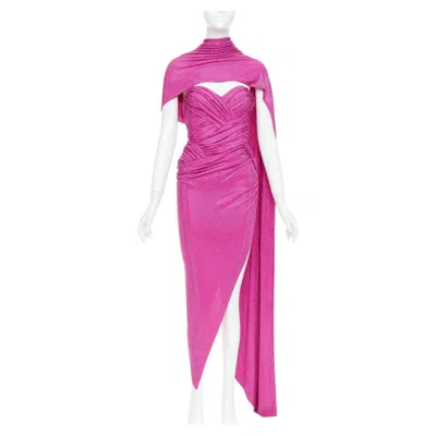 Pre-owned Alexandre Vauthier Rare  Couture Micro Crystal Neck Sash Drape Asymmetric Gown In Pink