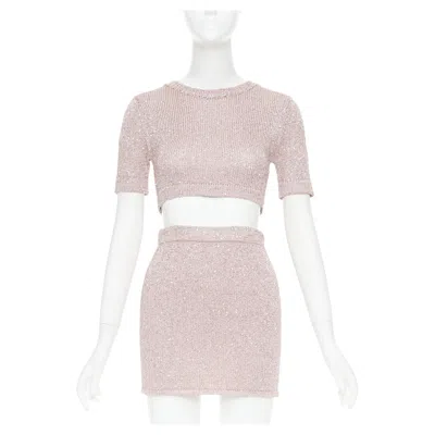 Pre-owned Alexandre Vauthier Rose Light Pink Sequin Metallic Lurex Crop Sweater Mini Skirt In Red