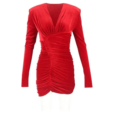Alexandre Vauthier Ruched Long Sleeve Mini Dress In Red Velvet