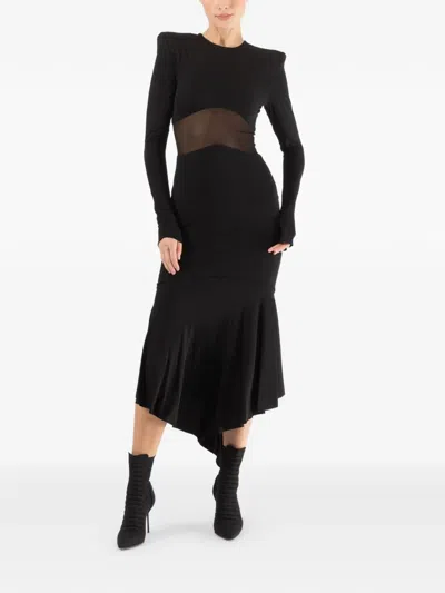 Alexandre Vauthier Sheer Panel Ruffled Midi Dress In Black