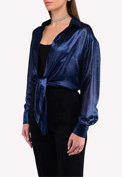 Alexandre Vauthier Silk-blend Metallic Lurex Tie-up Crop Shirt In Blue