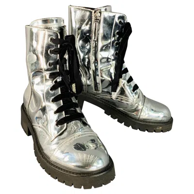 Pre-owned Alexandre Vauthier Size 10 Metallic Silver Lace-up Combat Boots In Black
