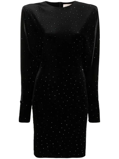 Alexandre Vauthier Crystal Strass Strong-shoulder Long-sleeve Velvet Dress In Black