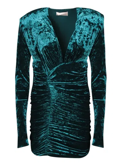 Alexandre Vauthier Velvet Ruched Dress With Long Sleeves And Sophisticated Silhouette In Green