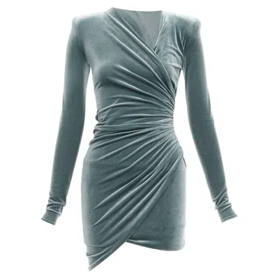 Alexandre Vauthier Wrap Draped Velvet V Neck Mini Bodycon Dress In Grey