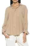 Alexia Admor Amber Stripe High-low Button-up Shirt In Beige Stripe