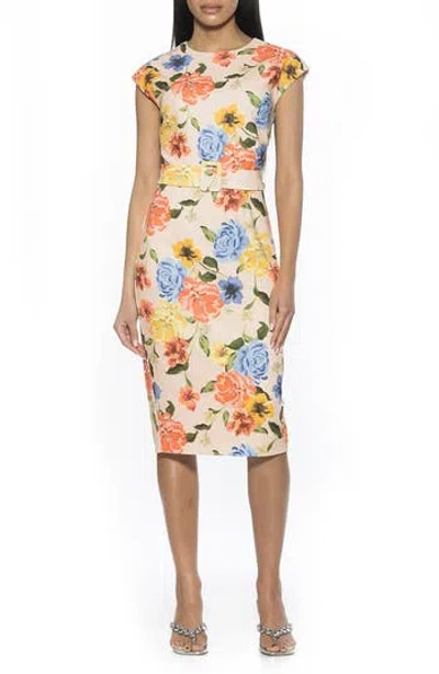 Alexia Admor Cap Sleeve Belted Sheath Dress In Sand Floral