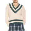 Alexia Admor Leona V-neck Varsity Polo Sweater In Beige/green