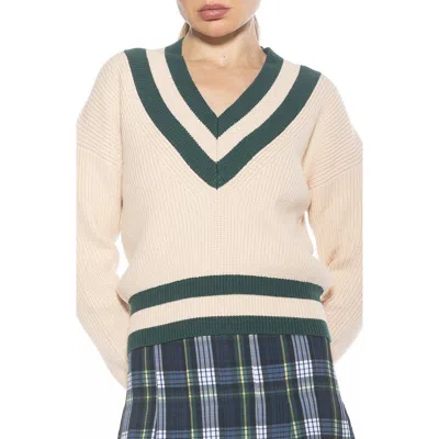 Alexia Admor Leona V-neck Varsity Polo Sweater In Beige/green
