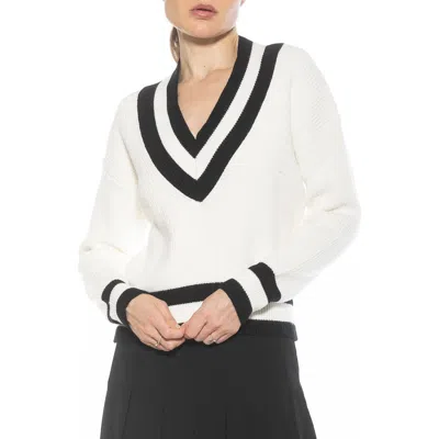 Alexia Admor Leona V-neck Varsity Polo Sweater In Ivory/black