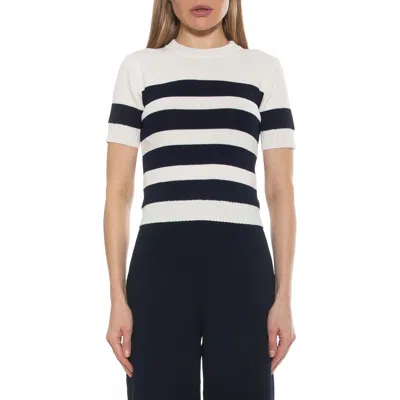 Alexia Admor Pat Stripe Short Sleeve Sweater Top In Ivory Navy