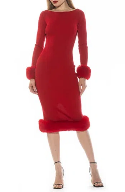 Alexia Admor Selena Faux Fur Trim Body-con Sweater Dress In Red