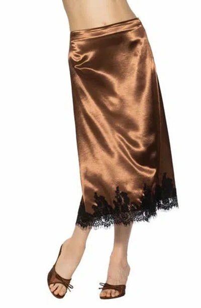 Alexia Admor Serena Lace Trim Satin Midi Skirt In Brown