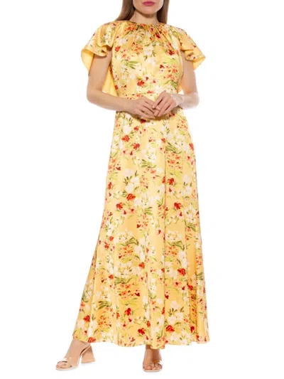 Alexia Admor Women's Danica Crewneck Flutter Sleeve Cap Maxi Dress In Yellow Floral