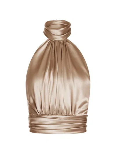 Alexia & Antonia Draped Halter Silk Blouse In Neutral