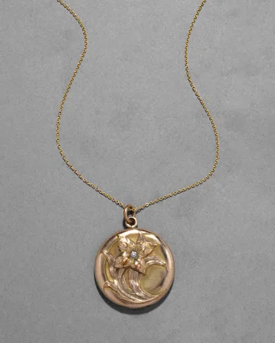 Alexis Bittar Antique 1890s 14k Fill Large Repousse Flower Locket Necklace In Gold