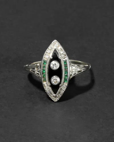 Alexis Bittar Antique 1910s 14k Gold With Diamond, Emerald & Onyx Marquis Ring In Multi