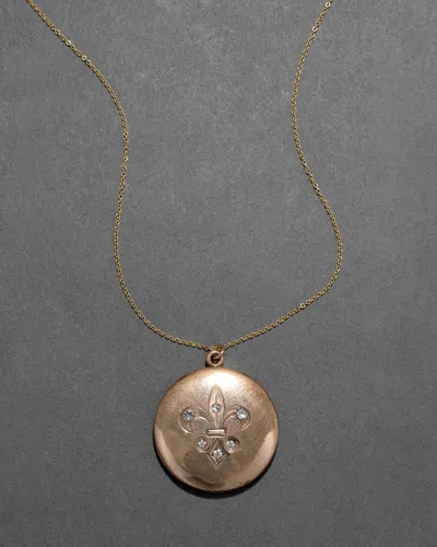 Alexis Bittar Antique Early 1900s 14k Fill & Paste Crystal Fleur De Lis Locket Pendant Necklace In Gold