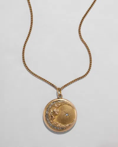 Alexis Bittar Antique Victorian Late 1800s 14k Fill & Paste Crystal Crescent Moon Locket Pendant Necklace In Gold