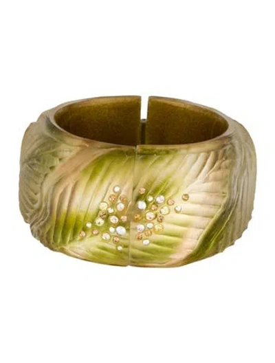 Pre-owned Alexis Bittar Carved Leaf Crystal & Lucite Hinged Bangle, 7.5" In Green