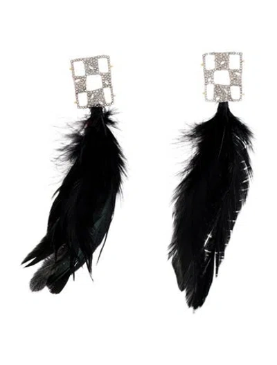Pre-owned Alexis Bittar Checkered Crystal & Feather Drop Earrings In Black