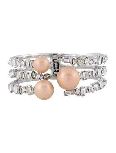 Pre-owned Alexis Bittar Crystal & Faux Pearl Hinged Bangle Bracelet, 6.5" In Pink