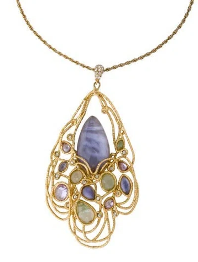 Pre-owned Alexis Bittar Crystal And Lucite Openwork Pendant Necklace, 32" In Multi