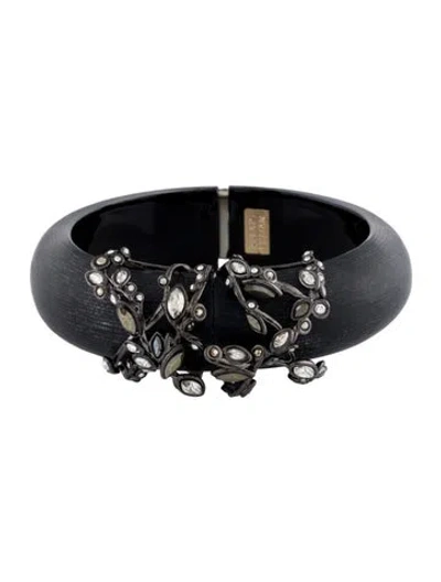 Pre-owned Alexis Bittar Crystal & Lucite Vine Hinged Bangle, 6.5" In Black