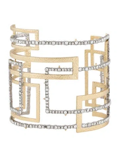 Pre-owned Alexis Bittar Crystal Encrusted Brutalist Cuff Bracelet, 5.25" In Transparent