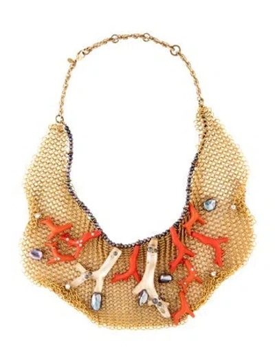 Pre-owned Alexis Bittar Dyed Pearl, Faux Pearl, Crystal & Lucite Mesh Collar Necklace, 17.5" In Orange