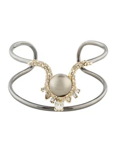 Pre-owned Alexis Bittar Faux Pearl & Crystal Cuff, 6" In Gray