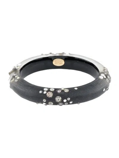 Pre-owned Alexis Bittar Faux Pearl & Crystal Dusted Lucite Hinged Bangle, 6.75" In Black