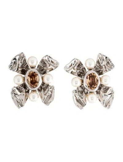 Pre-owned Alexis Bittar Faux Pearl & Crystal Future Antiquity Byzantine Flower Clip Earrings In Brown/white
