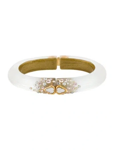 Pre-owned Alexis Bittar Faux Pearl, Crystal & Lucite Hinged Cuff, 7" In Grey/pink/white