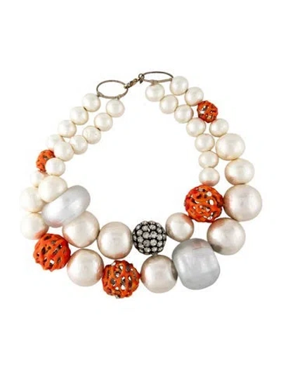 Pre-owned Alexis Bittar Faux Pearl, Crystal, Enamel & Lucite Beaded Double Strand Necklace, 17.25" In Clear/orange/white