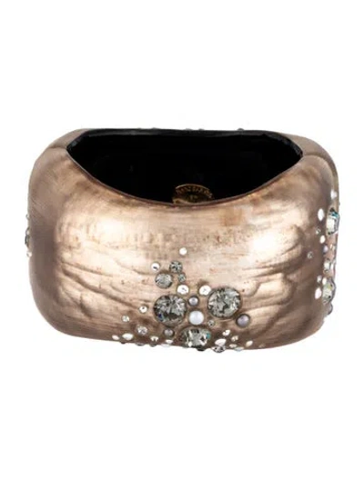 Pre-owned Alexis Bittar Faux Pearl, Lucite & Crystal Dust Organic Hinged Bangle, 7" In Brown